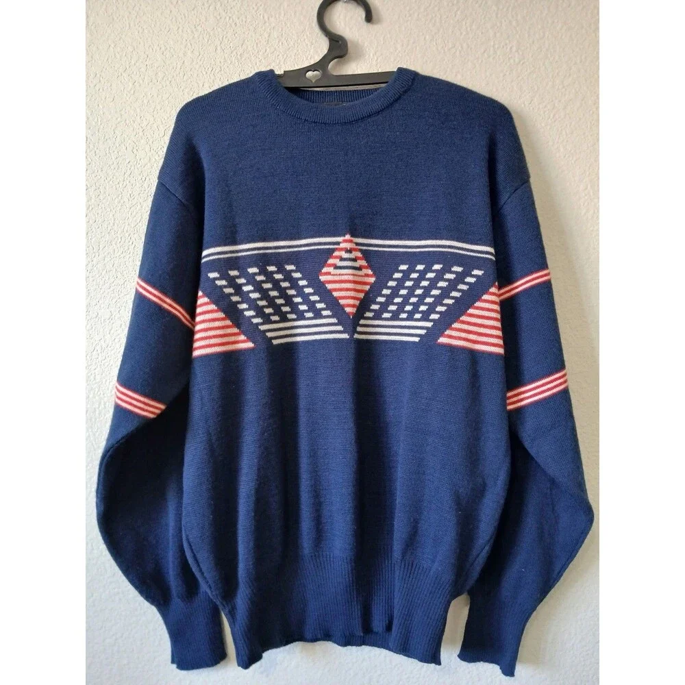 Ossi‎ Skiwear Mens Blue Geometric Knit Sweater Retro Ski Acrylic Wool Size L